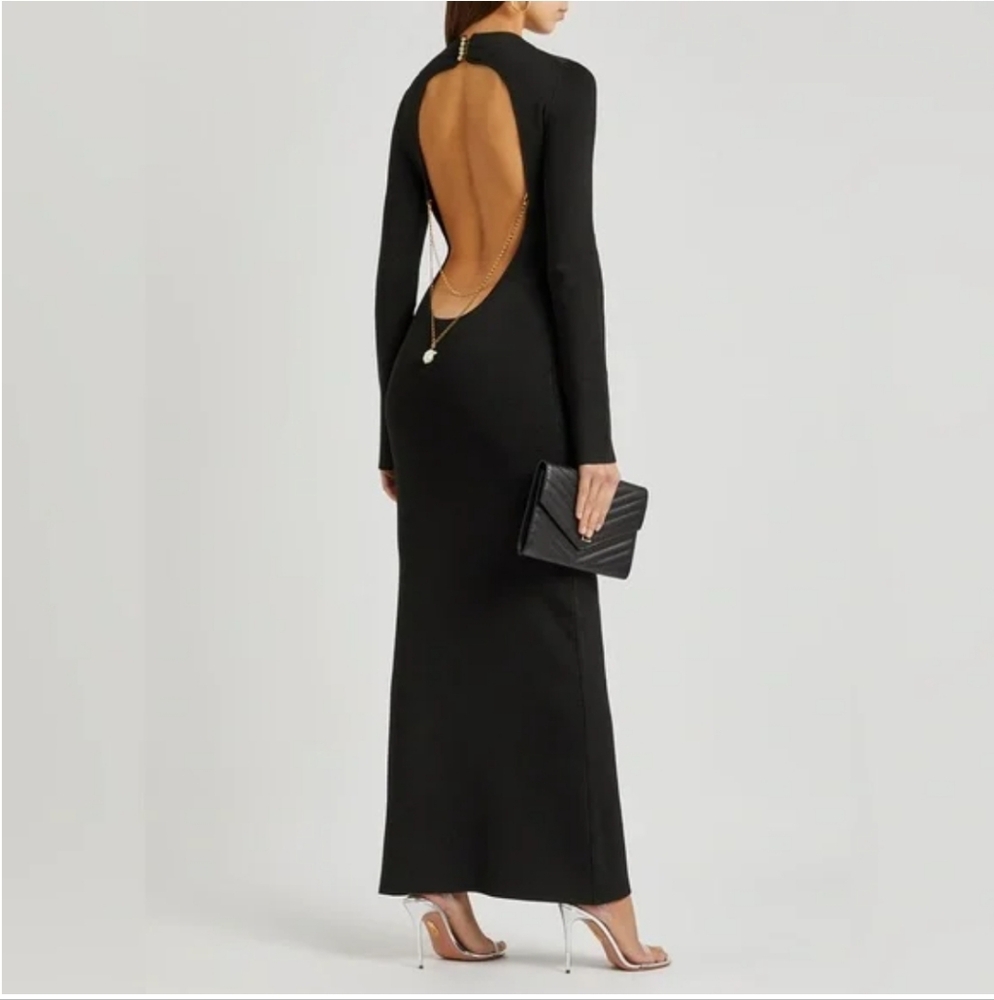 NWT Galvan London Athena Pearl Back Cutout Long Dress In Black Size M